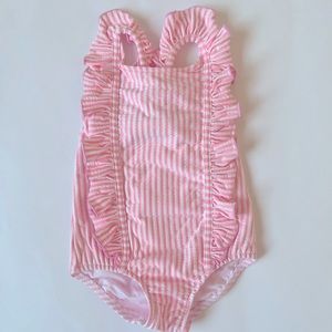 Classic Whimsy Smocked Auctions Baby Girl Pink Seersucker Ruffle Swimsuit